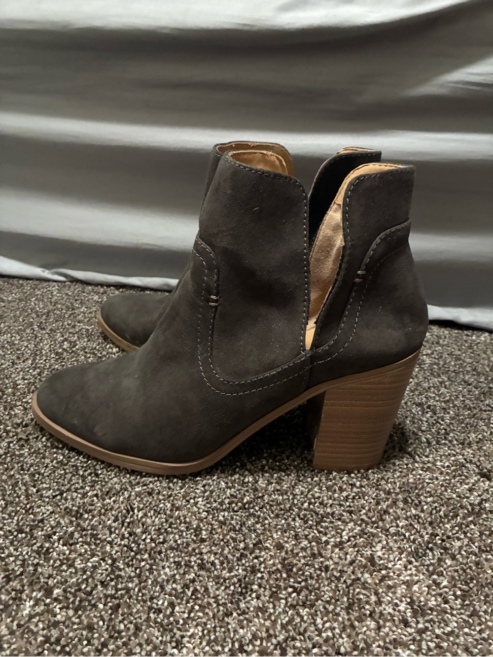 Express Charcoal Suede Ankle Booties with Stacked Heel